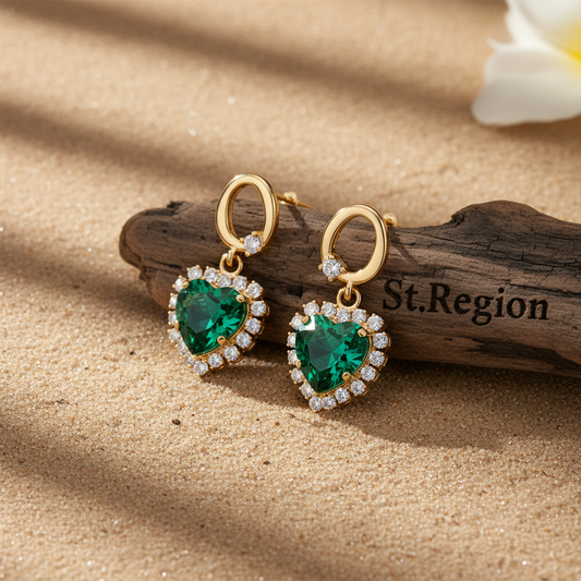 Green Crystal & Cubic Zirconia Goldtone Halo Heart Huggie Drop Earrings