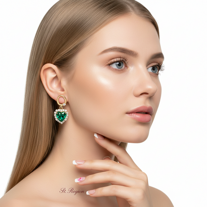Green Crystal & Cubic Zirconia Goldtone Halo Heart Huggie Drop Earrings