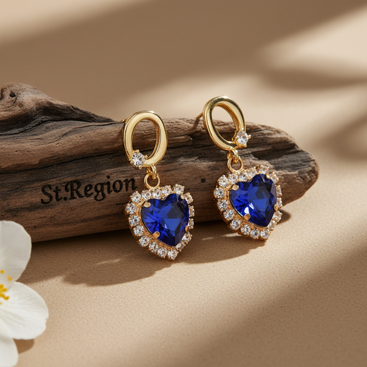 Navy Crystal & Cubic Zirconia Goldtone Halo Heart Huggie Drop Earrings