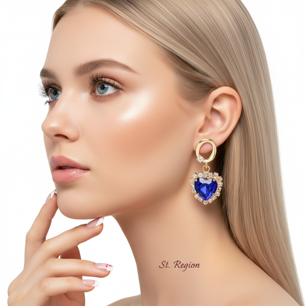 Navy Crystal & Cubic Zirconia Goldtone Halo Heart Huggie Drop Earrings