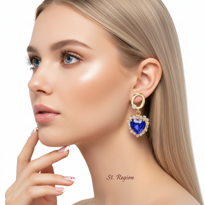 Navy Crystal & Cubic Zirconia Goldtone Halo Heart Huggie Drop Earrings