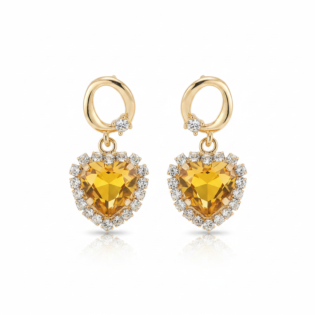 Yellow Crystal & Goldtone Halo Heart Huggie Drop Earrings