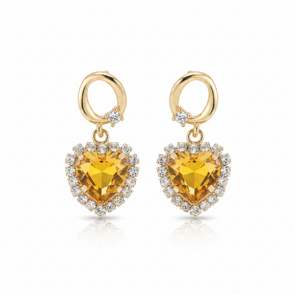 Yellow Crystal & Goldtone Halo Heart Huggie Drop Earrings