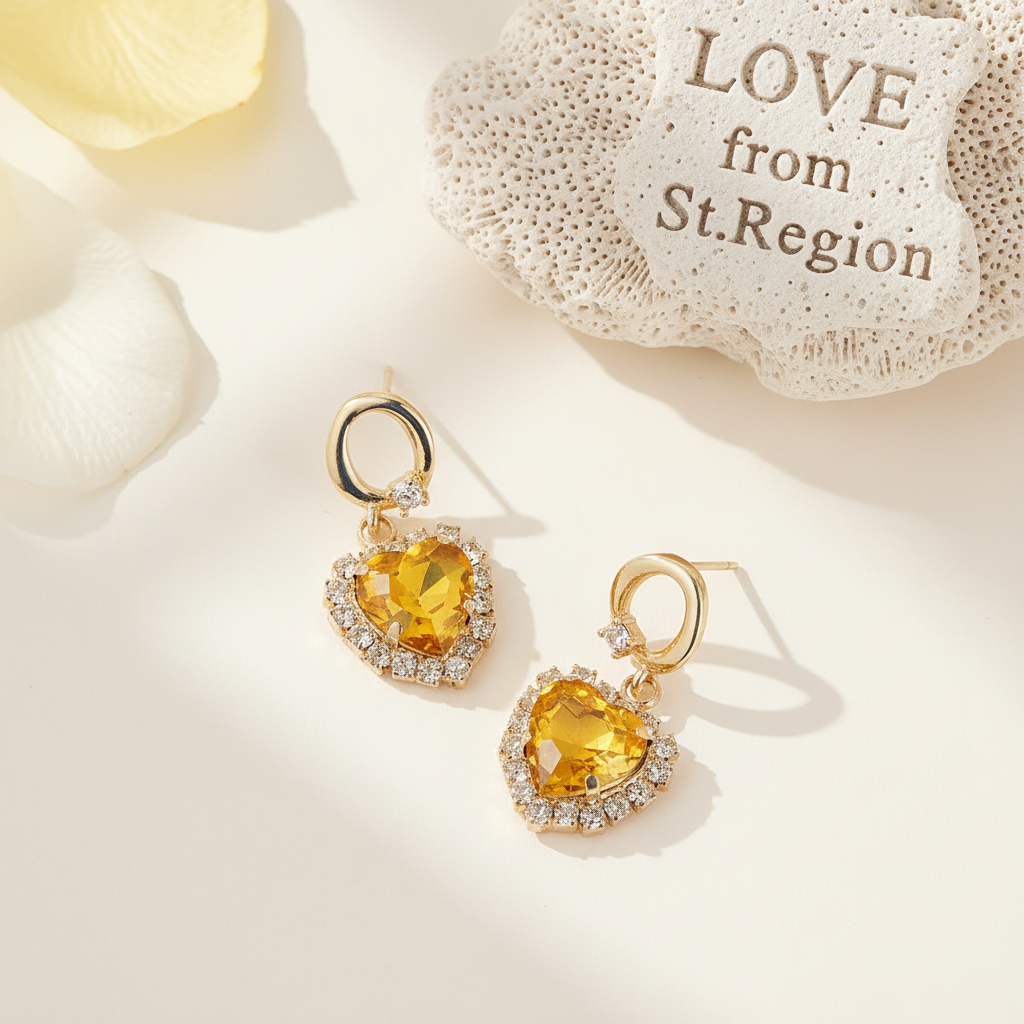Yellow Crystal & Goldtone Halo Heart Huggie Drop Earrings