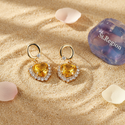 Yellow Crystal & Goldtone Halo Heart Huggie Drop Earrings