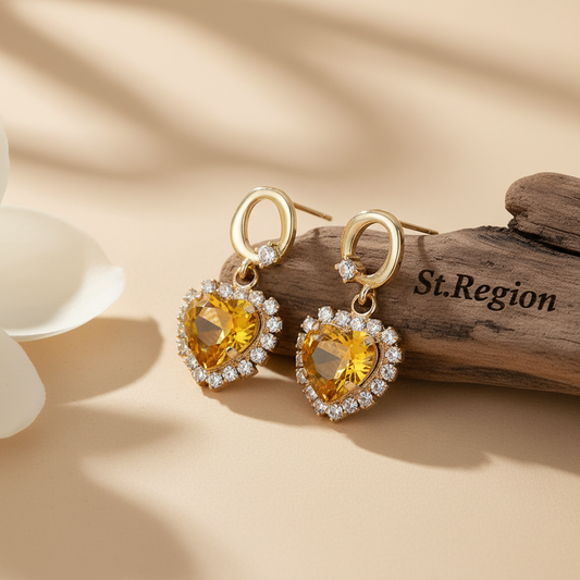 Yellow Crystal & Goldtone Halo Heart Huggie Drop Earrings