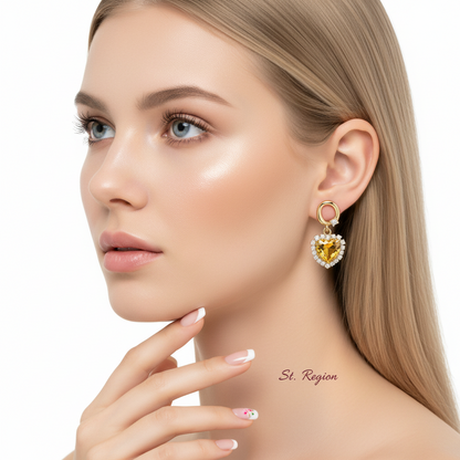 Yellow Crystal & Goldtone Halo Heart Huggie Drop Earrings