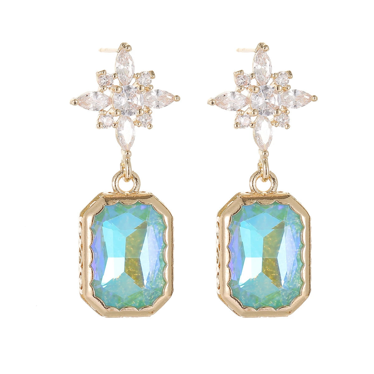 Green Crystal & Cubic Zirconia Goldtone Star Rectangle Dangle Earrings