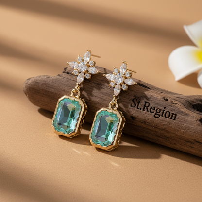 Green Crystal & Cubic Zirconia Goldtone Star Rectangle Dangle Earrings