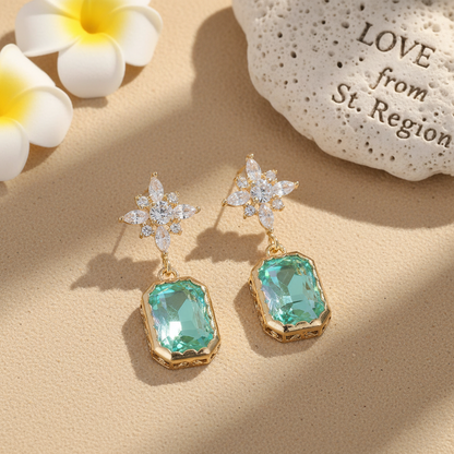 Green Crystal & Cubic Zirconia Goldtone Star Rectangle Dangle Earrings