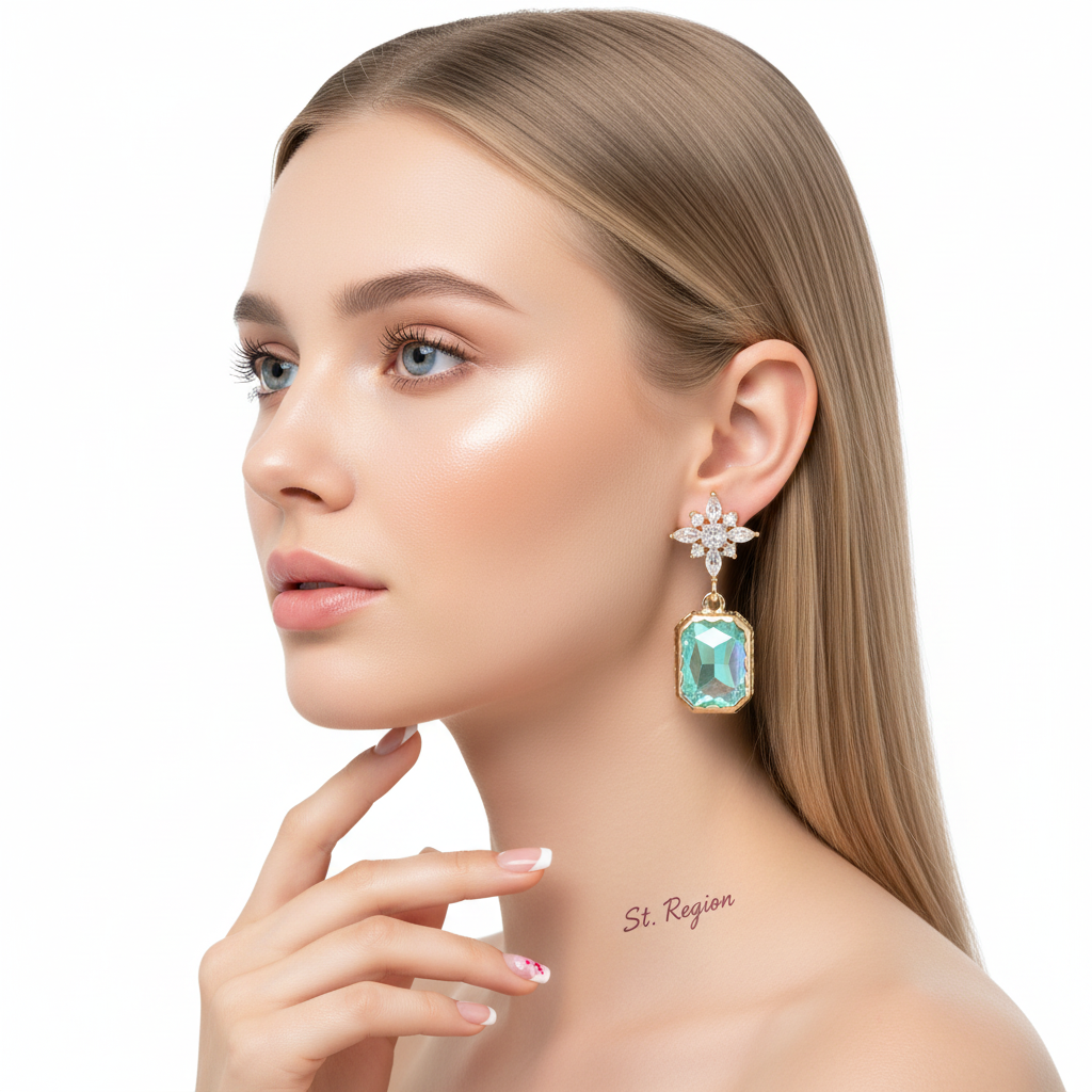 Green Crystal & Cubic Zirconia Goldtone Star Rectangle Dangle Earrings