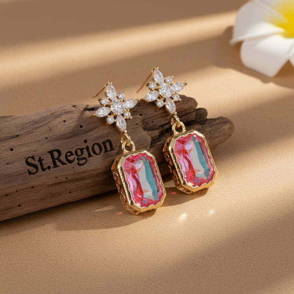 Orange Crystal & Cubic Zirconia Goldtone Star Rectangle Dangle Earrings