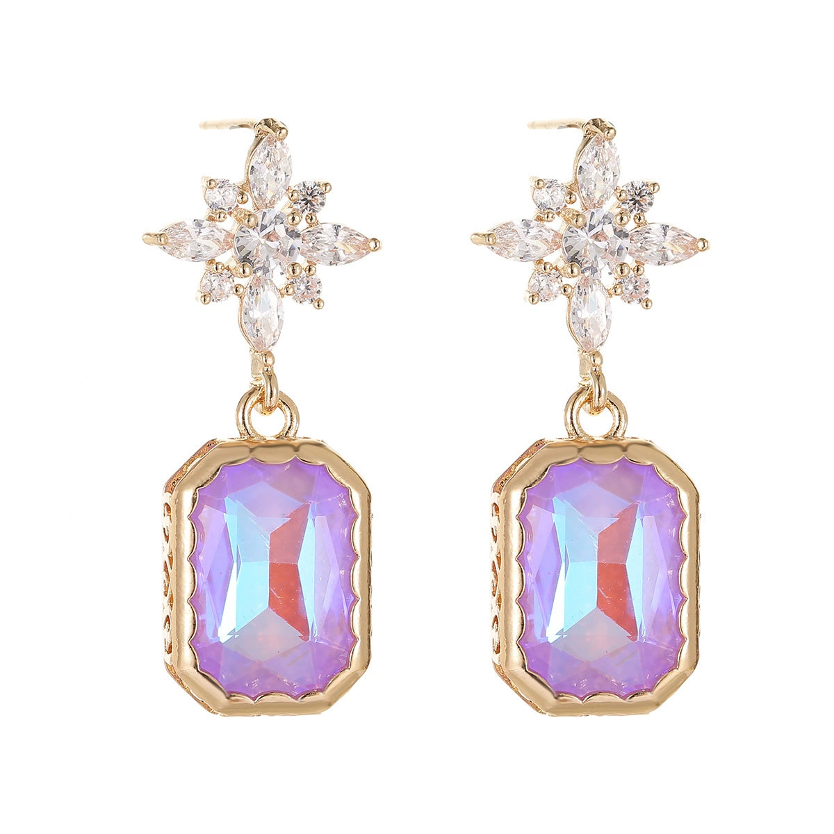 Purple Crystal & Cubic Zirconia Goldtone Star Rectangle Dangle Earrings