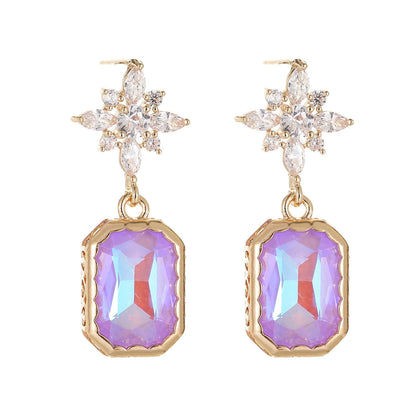 Purple Crystal & Cubic Zirconia Goldtone Star Rectangle Dangle Earrings