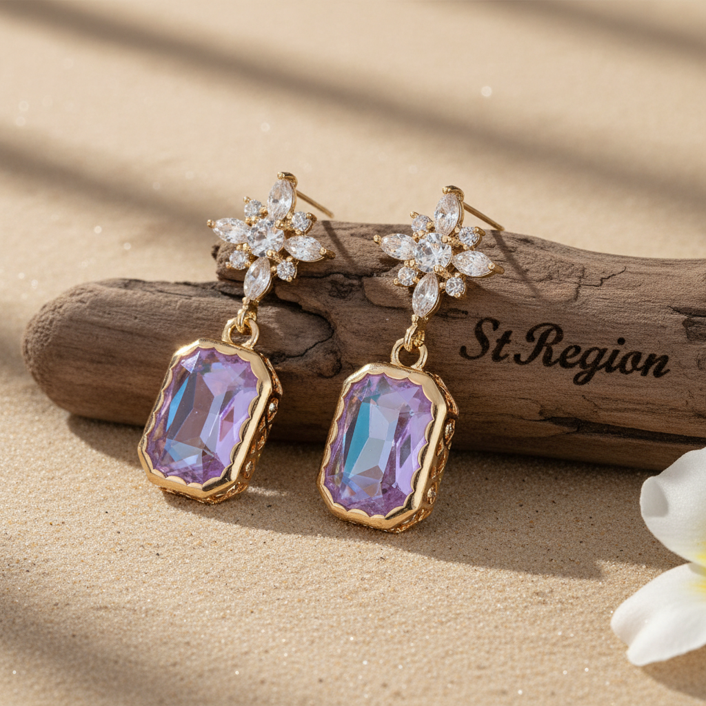 Purple Crystal & Cubic Zirconia Goldtone Star Rectangle Dangle Earrings