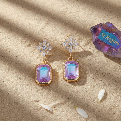 Purple Crystal & Cubic Zirconia Goldtone Star Rectangle Dangle Earrings