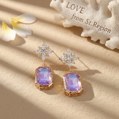 Purple Crystal & Cubic Zirconia Goldtone Star Rectangle Dangle Earrings