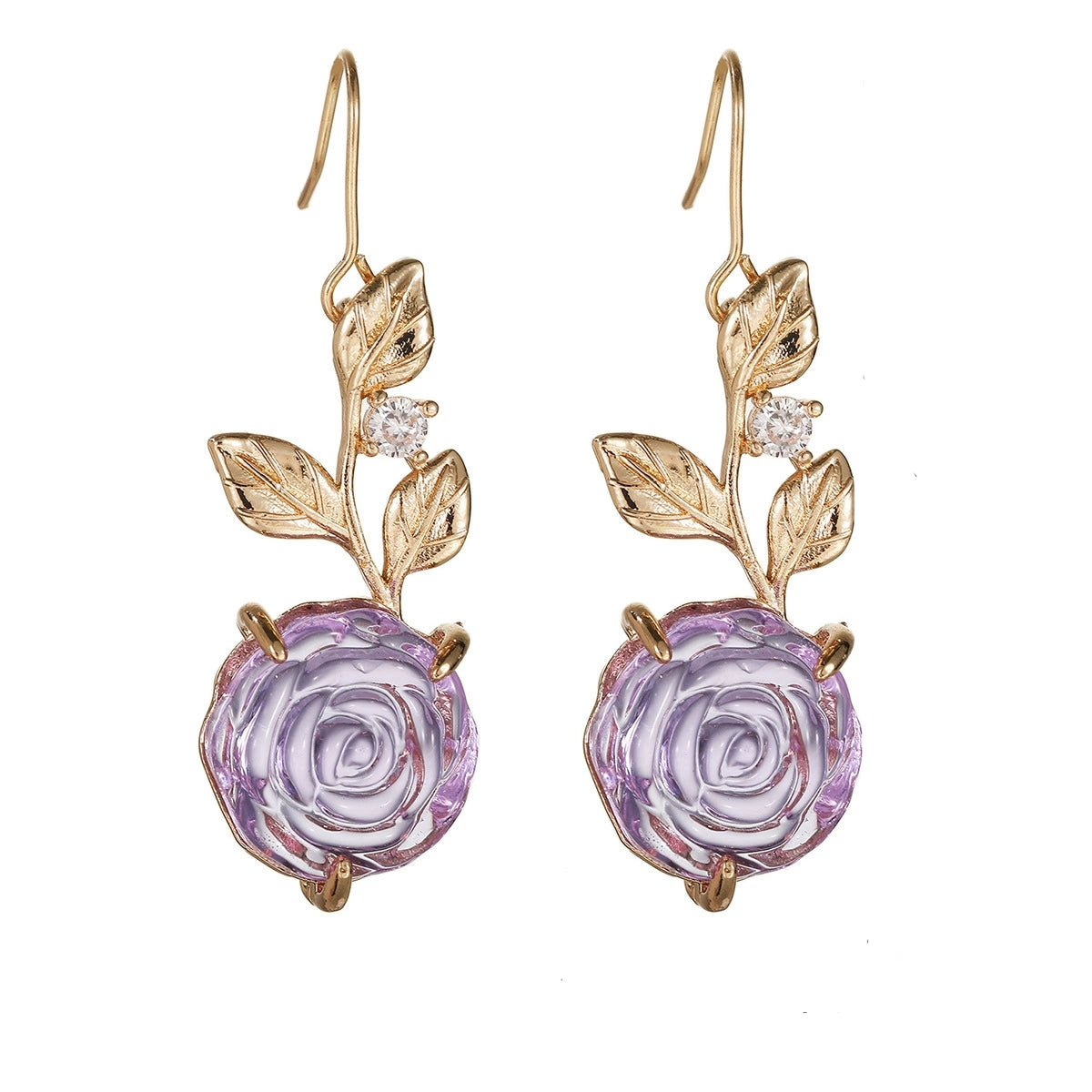 Purple Resin & Cubic Zirconia Goldtone Flower Dangle Earrings