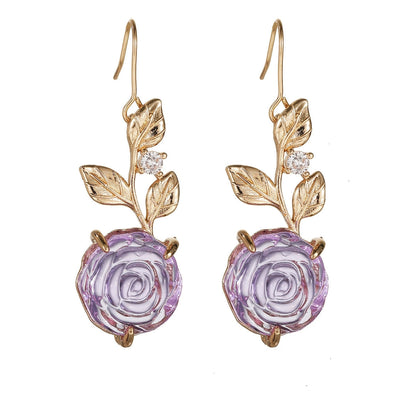 Purple Resin & Cubic Zirconia Goldtone Flower Dangle Earrings