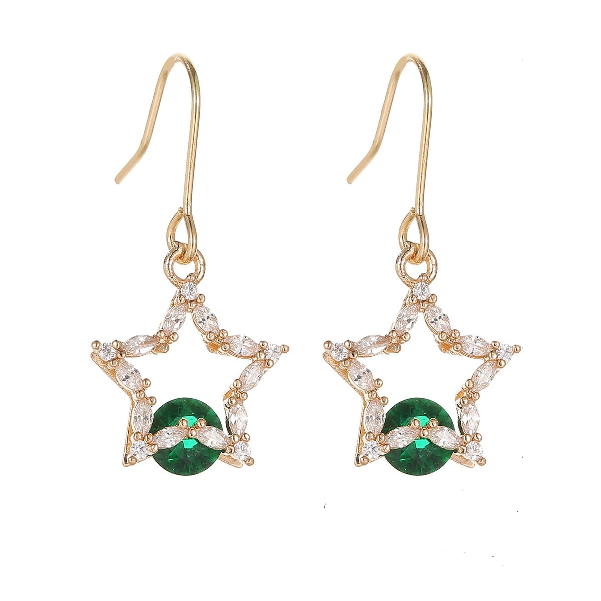 Green Crystal & Cubic Zirconia Goldtone Stacked Star Hook Earrings