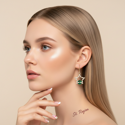 Green Crystal & Cubic Zirconia Goldtone Stacked Star Hook Earrings
