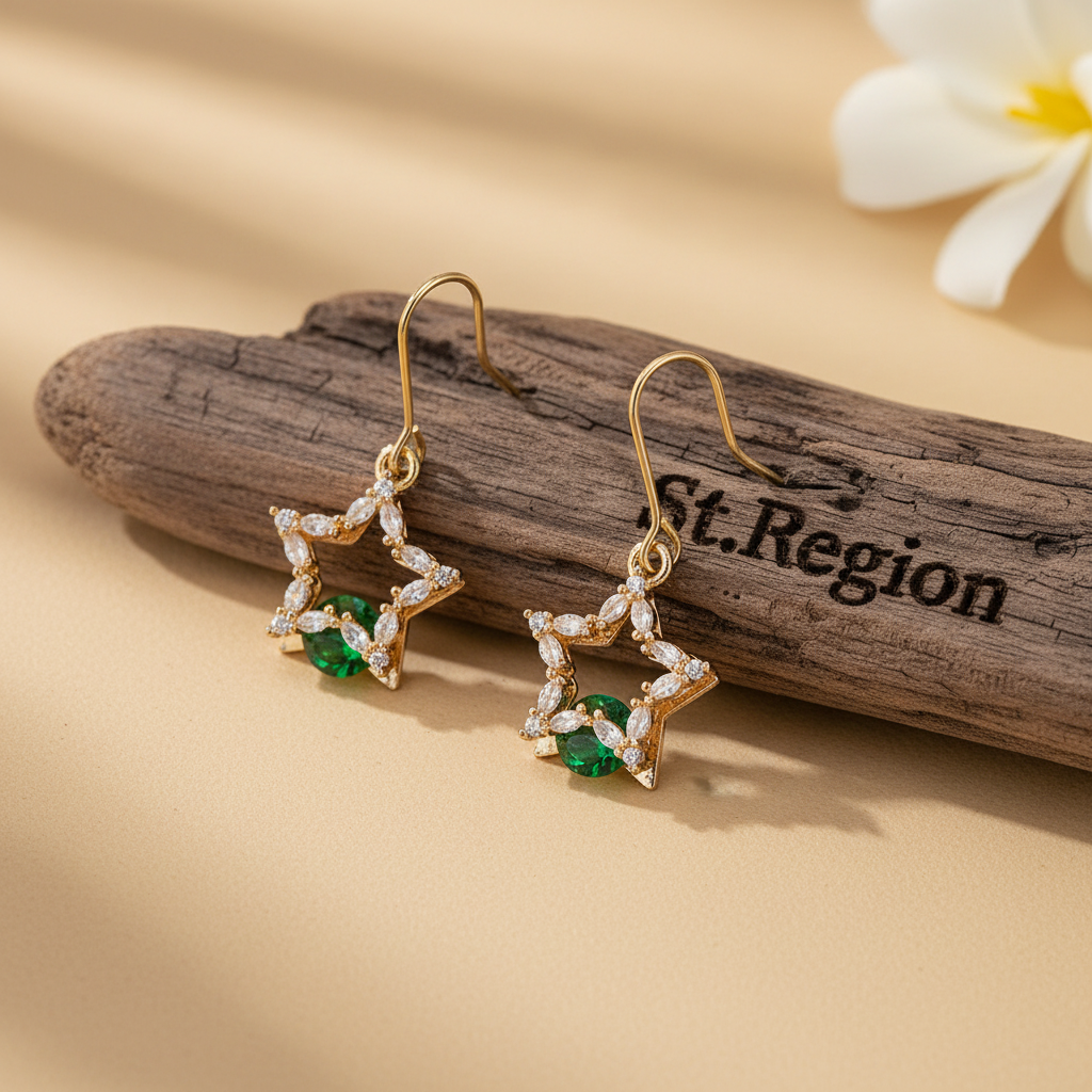 Green Crystal & Cubic Zirconia Goldtone Stacked Star Hook Earrings