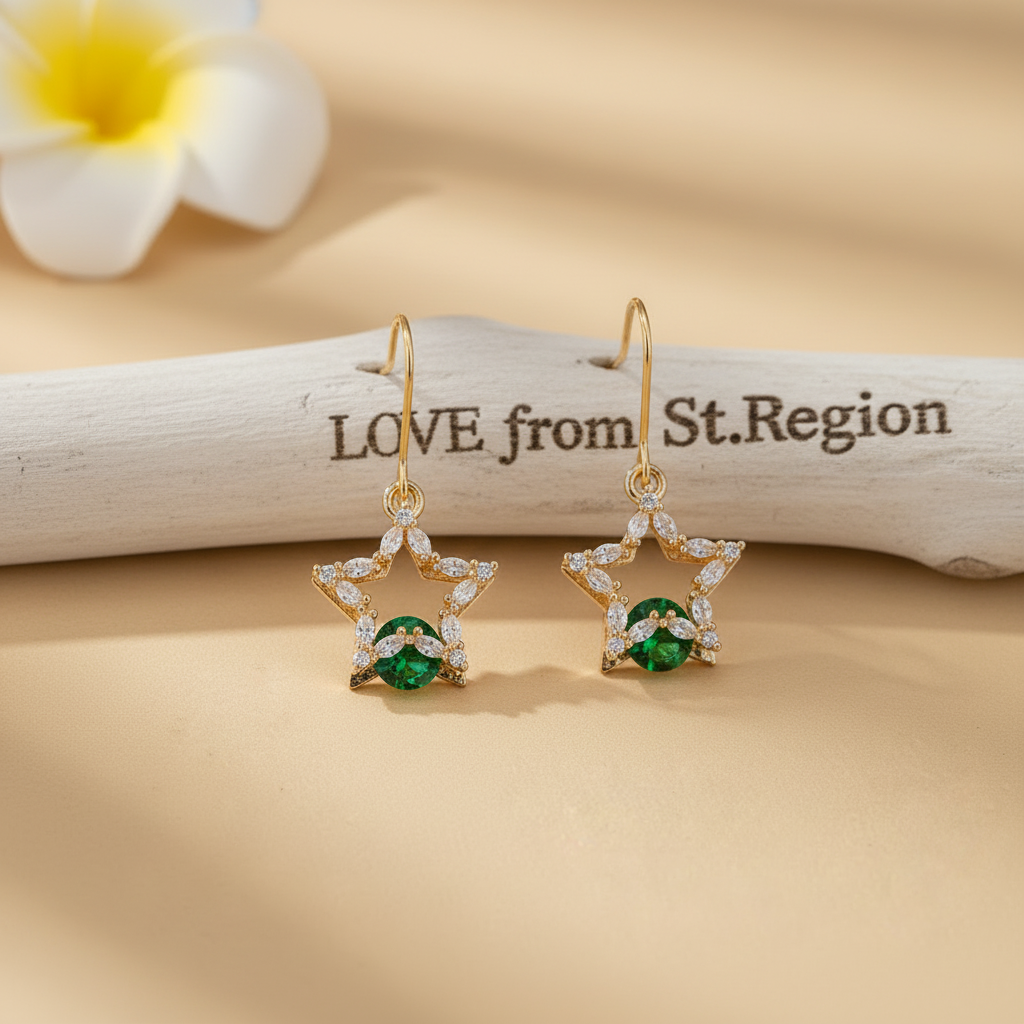 Green Crystal & Cubic Zirconia Goldtone Stacked Star Hook Earrings
