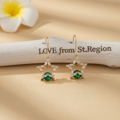 Green Crystal & Cubic Zirconia Goldtone Stacked Star Hook Earrings