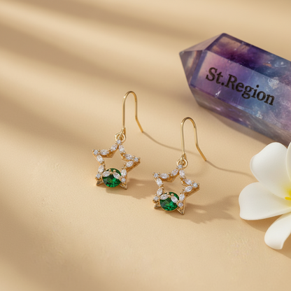 Green Crystal & Cubic Zirconia Goldtone Stacked Star Hook Earrings