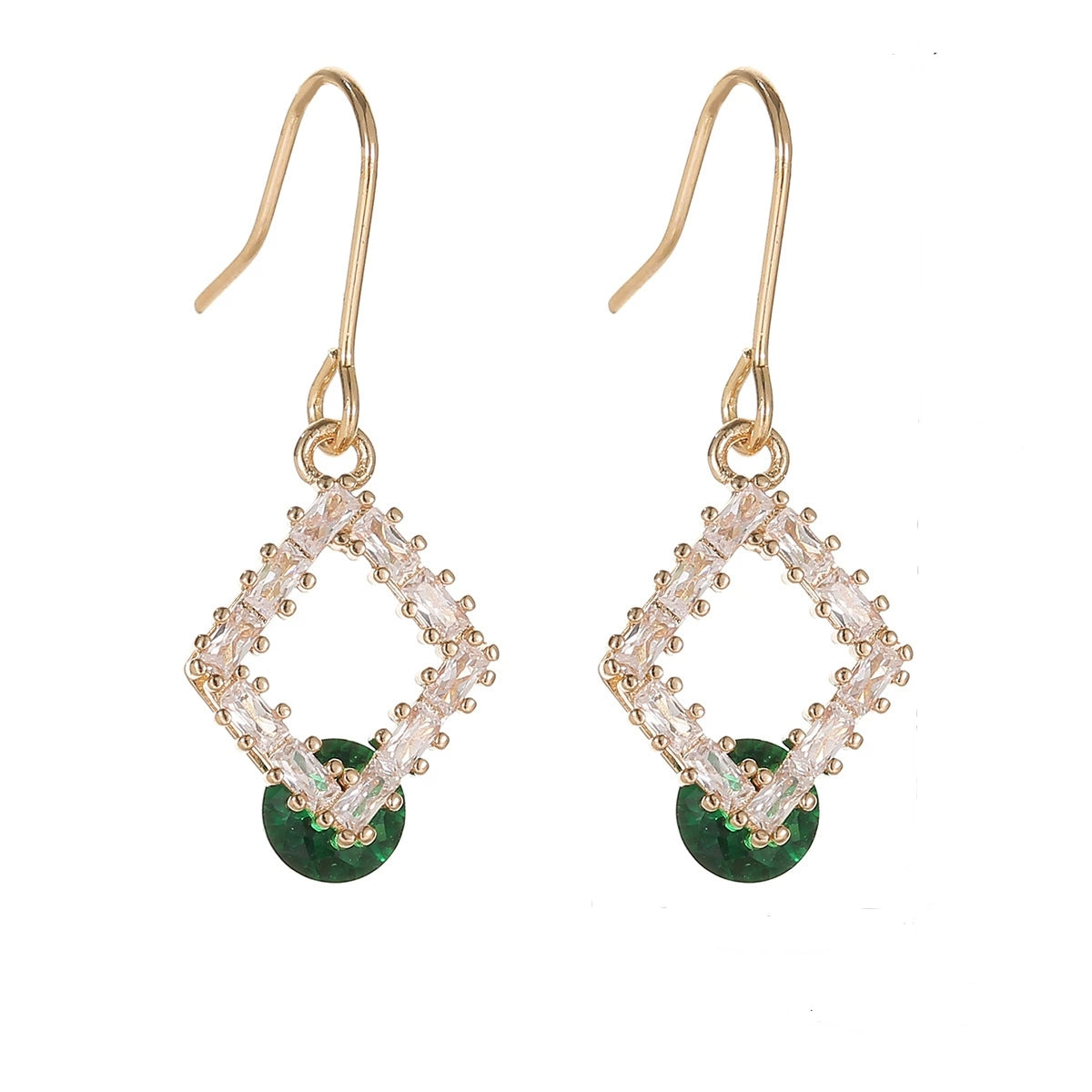 Green Crystal & Cubic Zirconia Goldtone Stacked Rhombus Hook Earrings