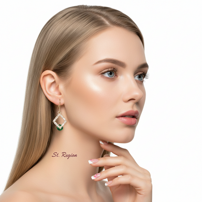 Green Crystal & Cubic Zirconia Goldtone Stacked Rhombus Hook Earrings
