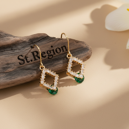 Green Crystal & Cubic Zirconia Goldtone Stacked Rhombus Hook Earrings