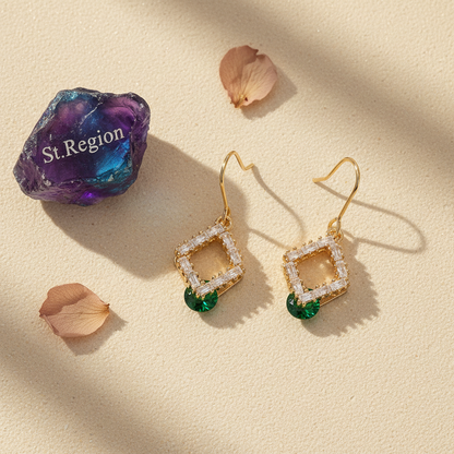 Green Crystal & Cubic Zirconia Goldtone Stacked Rhombus Hook Earrings