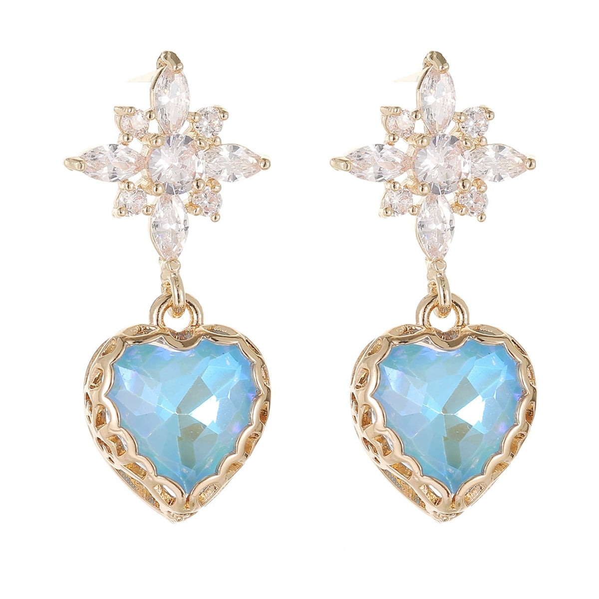 Blue Crystal & Cubic Zirconia Goldtone Star Heart Dangle Earrings