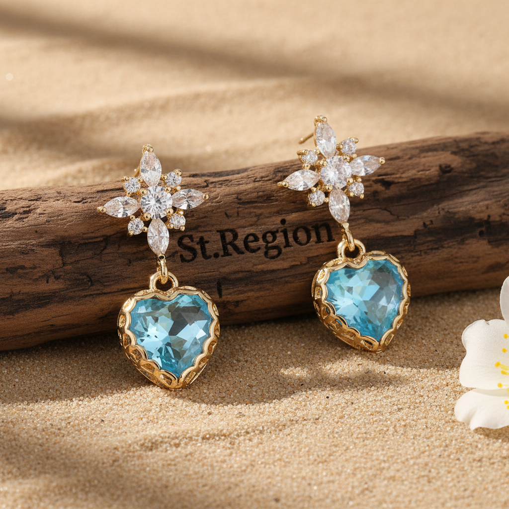 Blue Crystal & Cubic Zirconia Goldtone Star Heart Dangle Earrings