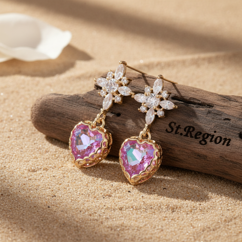 Purple Crystal & Cubic Zirconia Goldtone Star Heart Dangle Earrings