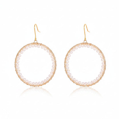 Pearl & Goldtone Beaded Hoop Hook Earrings