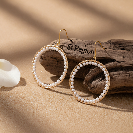 Pearl & Goldtone Beaded Hoop Hook Earrings