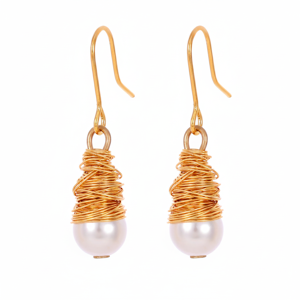 Pearl & Goldtone Wire-Wrapped Hook Earrings