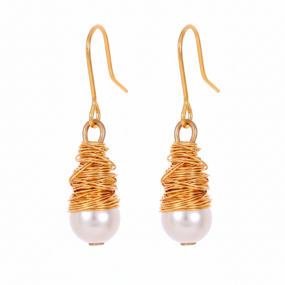 Pearl & Goldtone Wire-Wrapped Hook Earrings