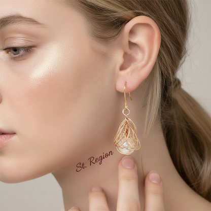 Pearl & Goldtone Sculptural Wire-Wrapped Hook Earrings