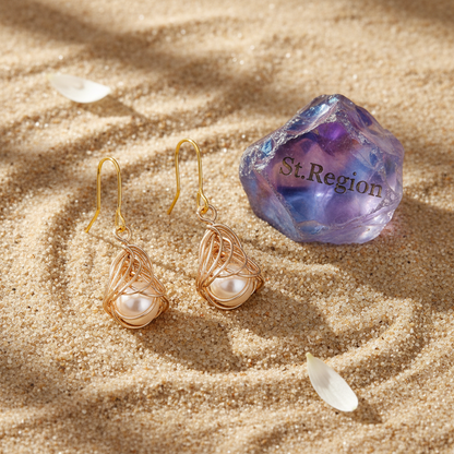 Pearl & Goldtone Sculptural Wire-Wrapped Hook Earrings