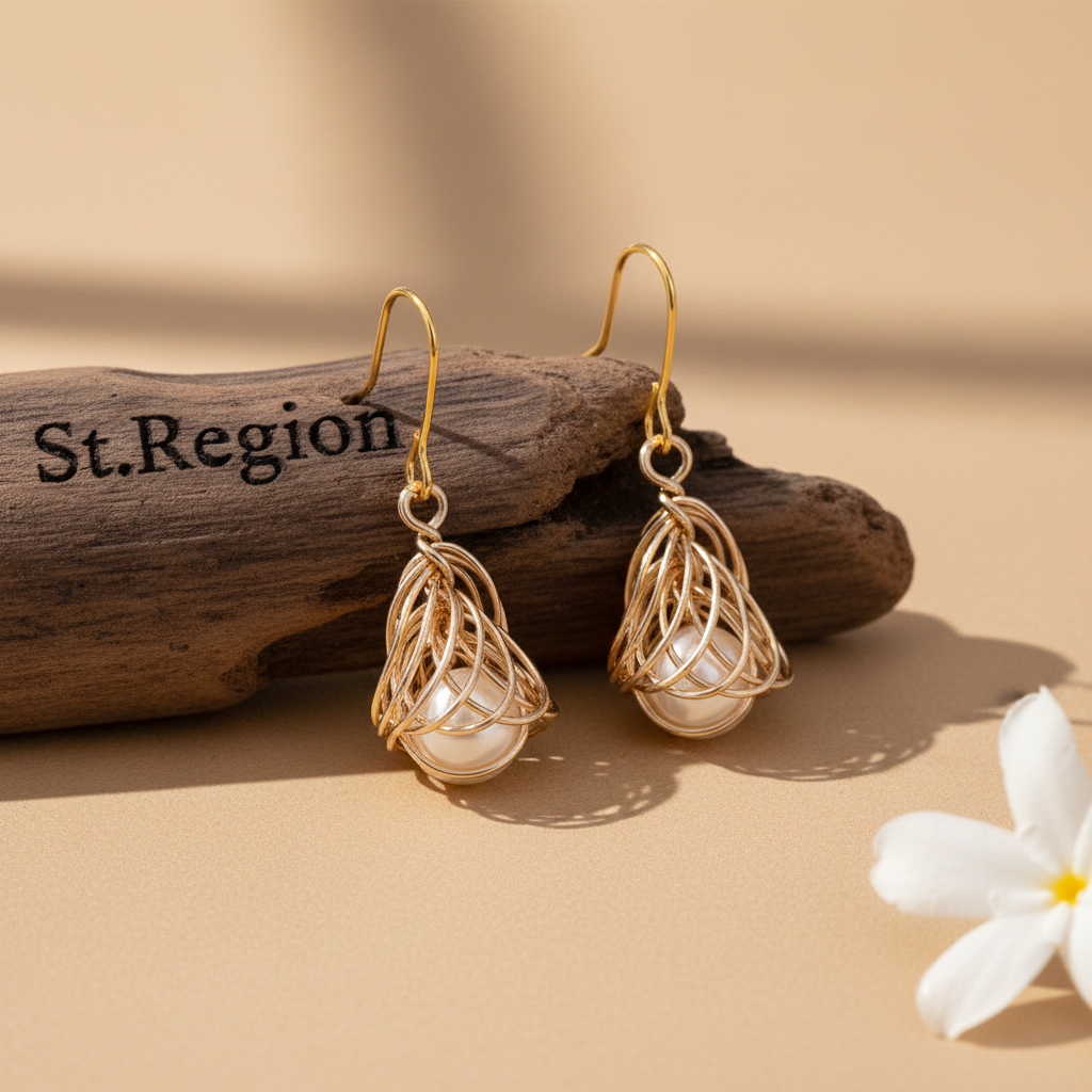Pearl & Goldtone Sculptural Wire-Wrapped Hook Earrings