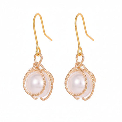 Pearl & Goldtone Textured Cage Hook Earrings