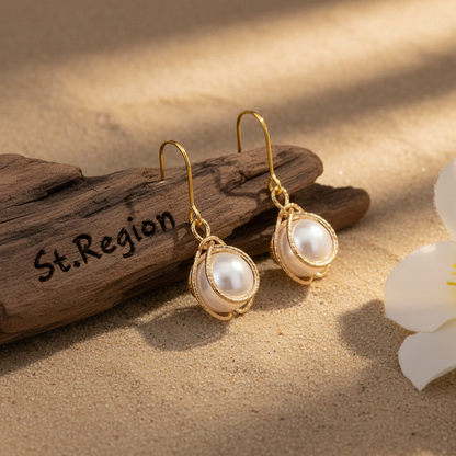 Pearl & Goldtone Textured Cage Hook Earrings