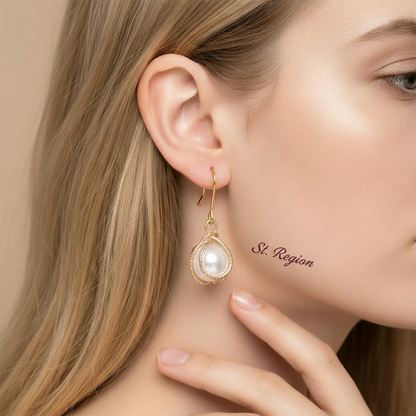 Pearl & Goldtone Textured Cage Hook Earrings