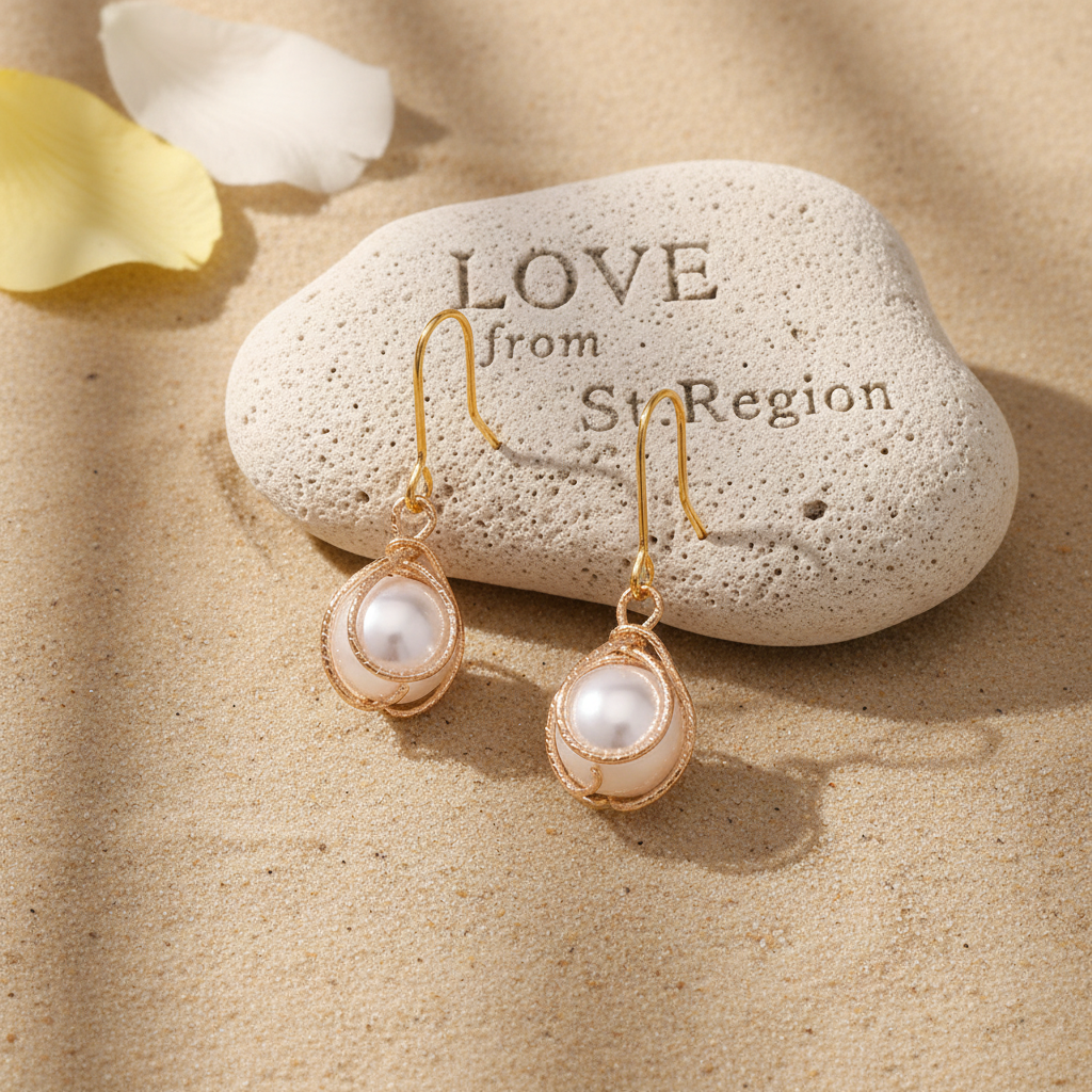 Pearl & Goldtone Textured Cage Hook Earrings