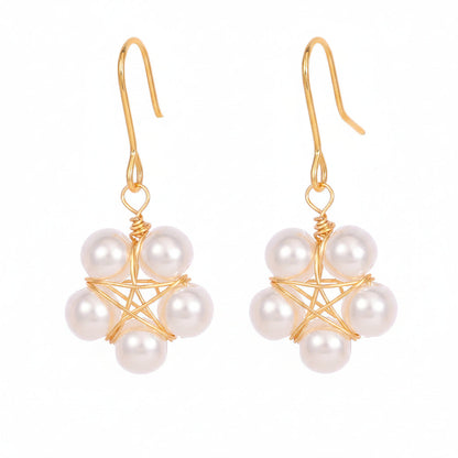 Pearl & Goldtone Geometric Floral Hook Earrings