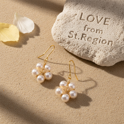 Pearl & Goldtone Geometric Floral Hook Earrings