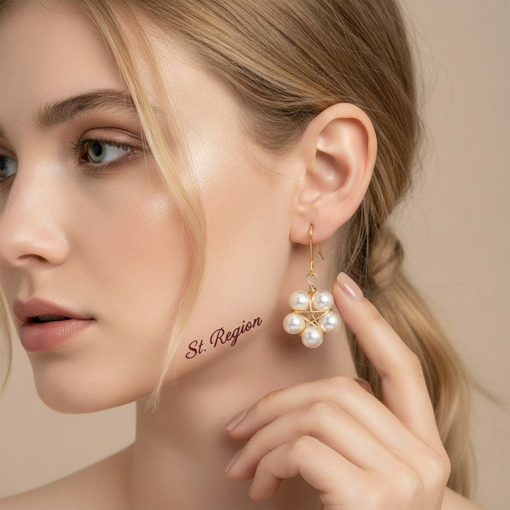 Pearl & Goldtone Geometric Floral Hook Earrings